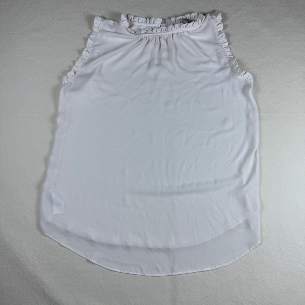 Loft Womens White Ruffle High Neck Sleeveless Blouse Mixed Media Shell Size S